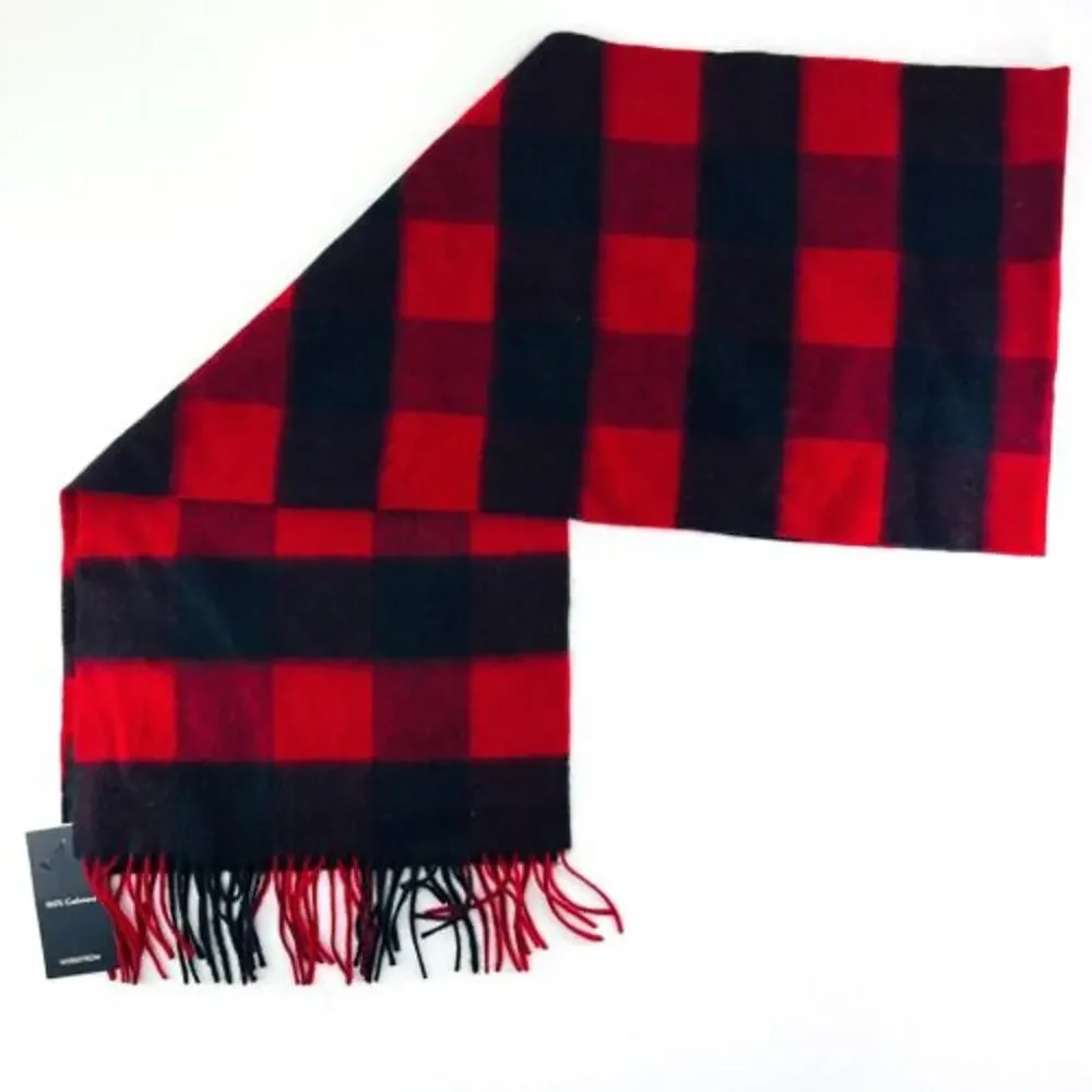 New Nordstrom Red Rio Black Buff Check Buffalo Plaid 100% Cashmere Fringe Scarf